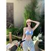 Casual vacation style blue bikini three-piece women's summer seaside vacation sunscreen blouse striped wide-leg trousers