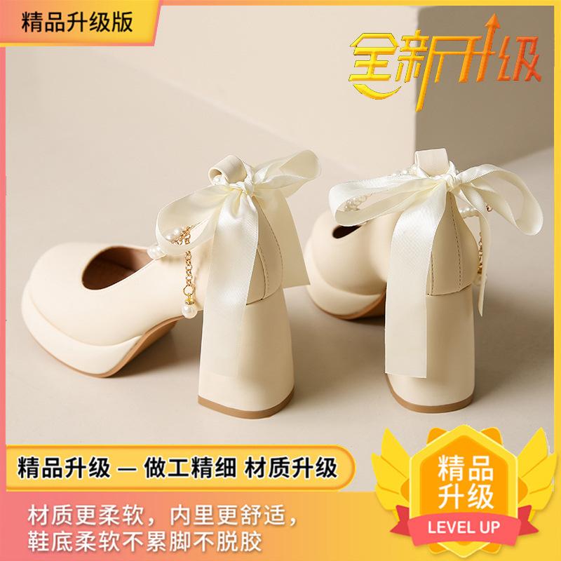 

Туфли Мэри Джейн женские 2025 весна новая бант жемчуг ремешок на подъеме высокий каблук толстый каблук одинарные туфли 40