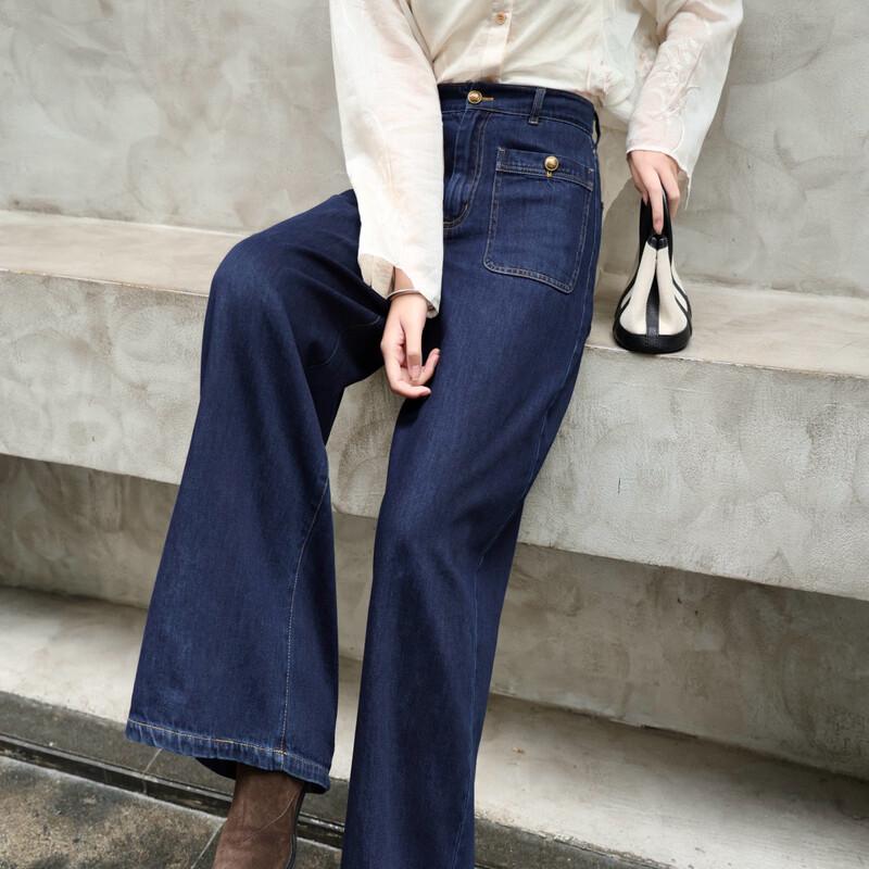Women's High-Waisted Loose Straight Pure Cotton Denim Wide-Leg Pants