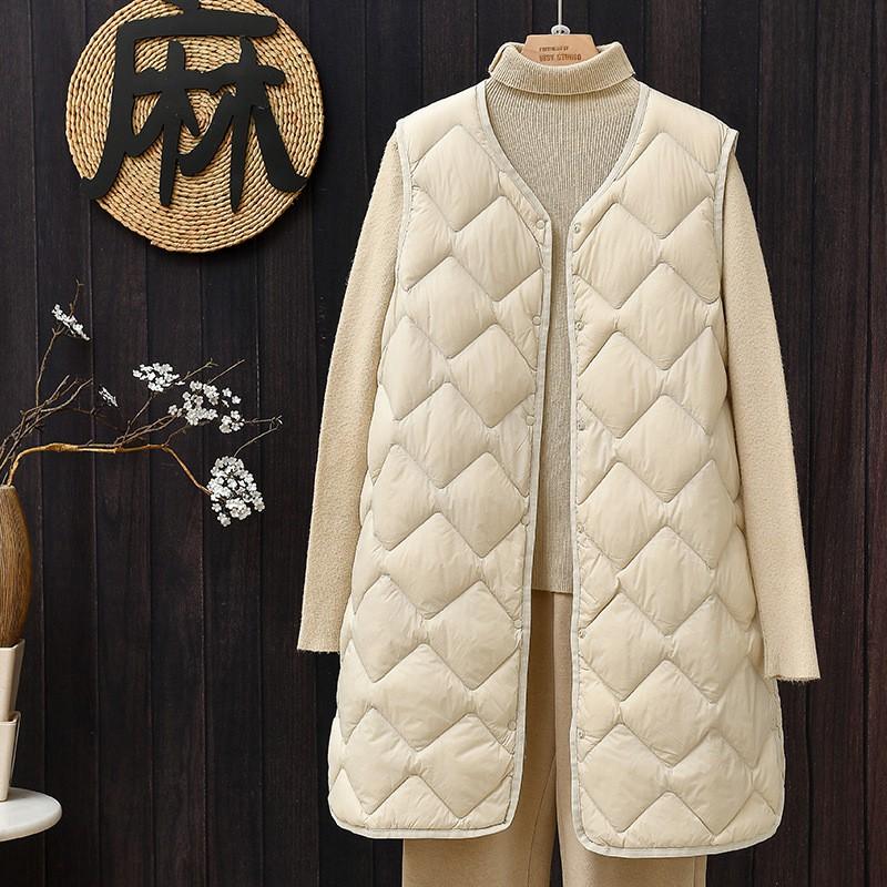 Womens Lightweight Down Vest Mid-Length V-Neck Sleeveless Puffer Waistcoat Winter Layering