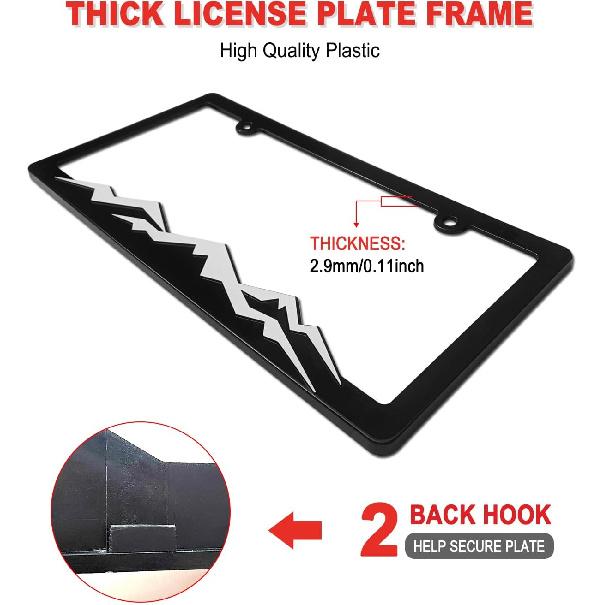 Mountain License Plate Frames- Plastic Black Car Tag Holder Bracket With Screws Caps, 2 Packs 2 Hole, White On Black, Mountain Vinyl Sticker Included