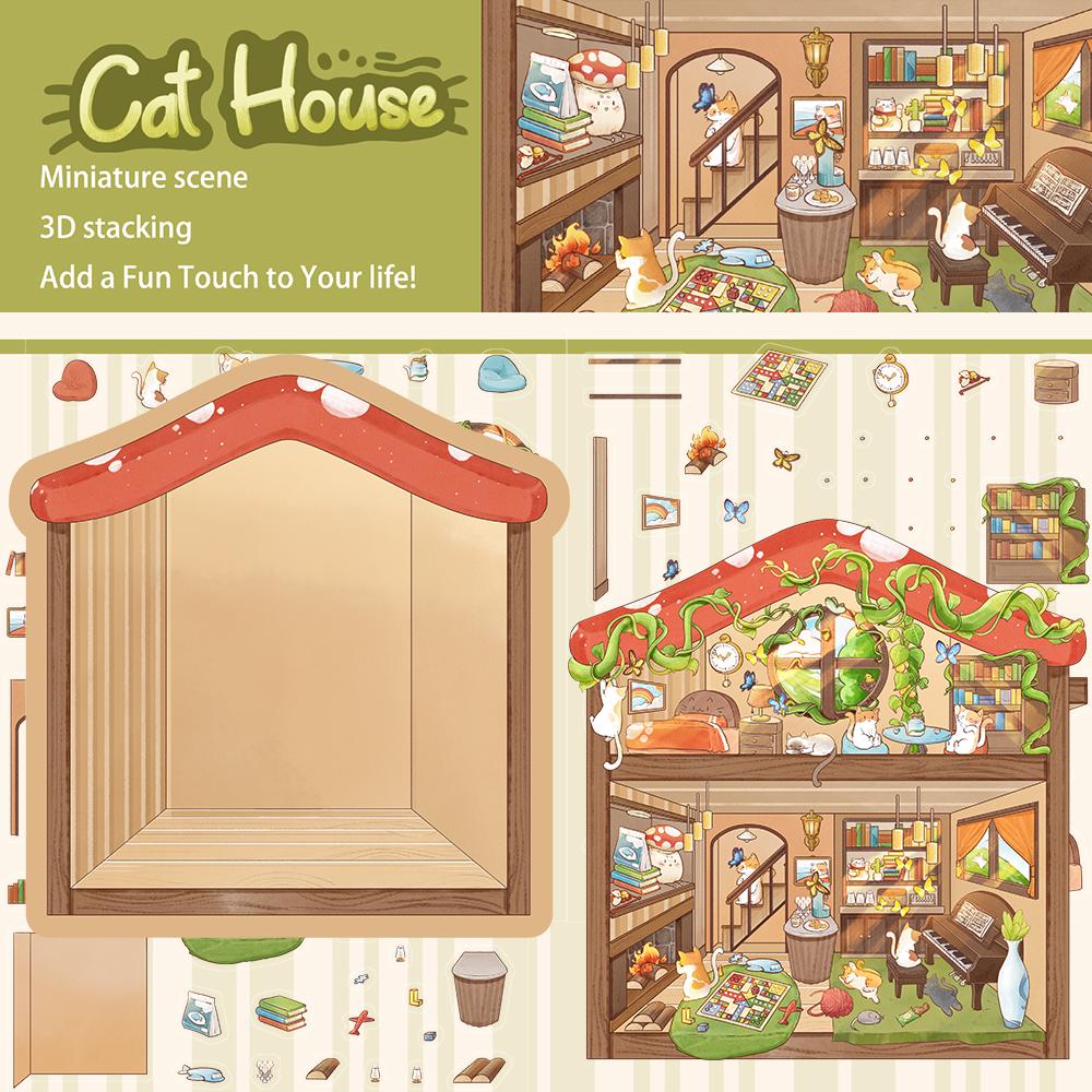 

3PCS Cat House Stickers Harajuku Laptop Home Decoration Landscape Decompression Art Picture Harajuku Material Stacking Sticker