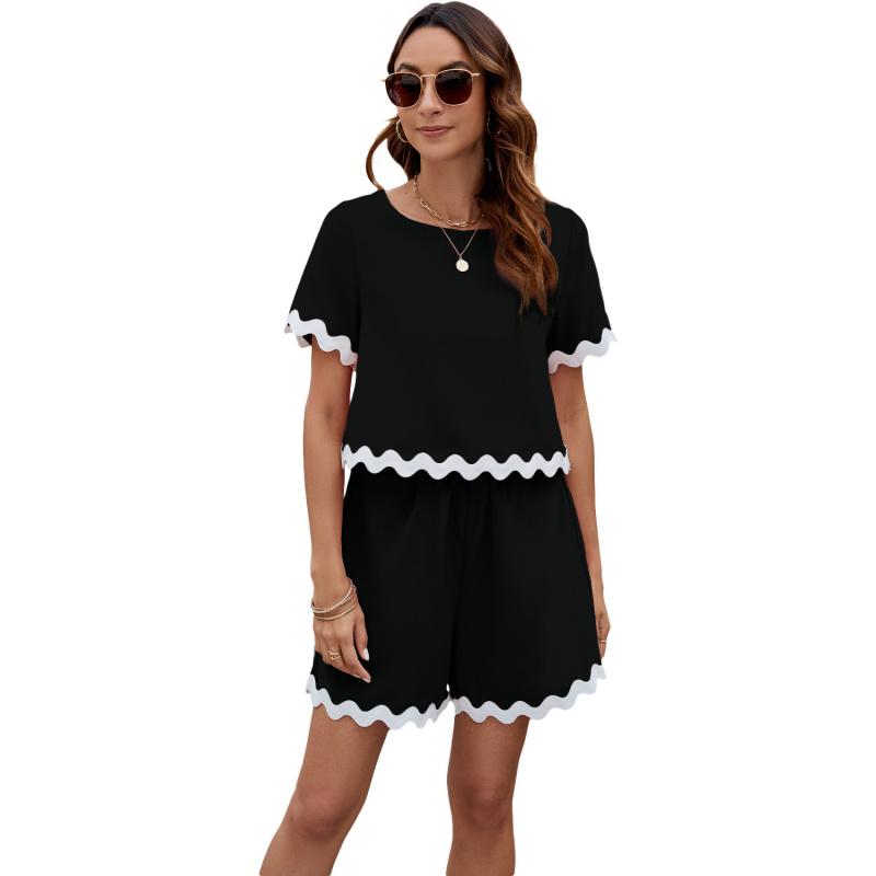 2026 Spring/Summer New Comfortable Casual Solid Color Short Sleeve Shorts Women s Set S чёрный