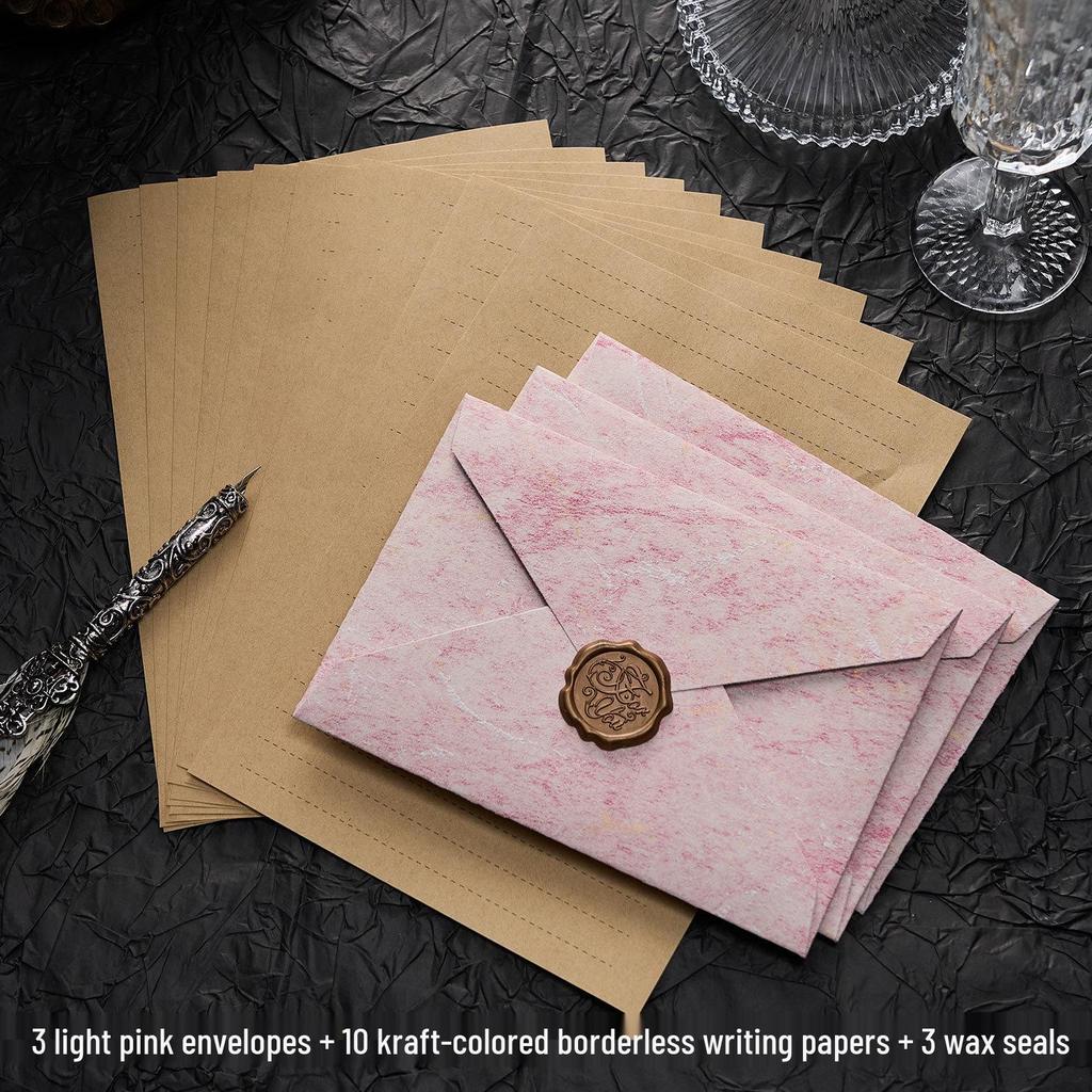 Gilded Envelope & Letter Paper Set - Embossed Texture, Straits Style, Handwritten Love Letters with Wax Seal for Valentine's Day