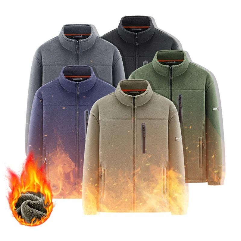 Solid Men's Fleece-Lined Bomber Jacket Winter Windproof Stand-Collar Zip-Up Thicken Warm Plush Coat Fashion Clothing