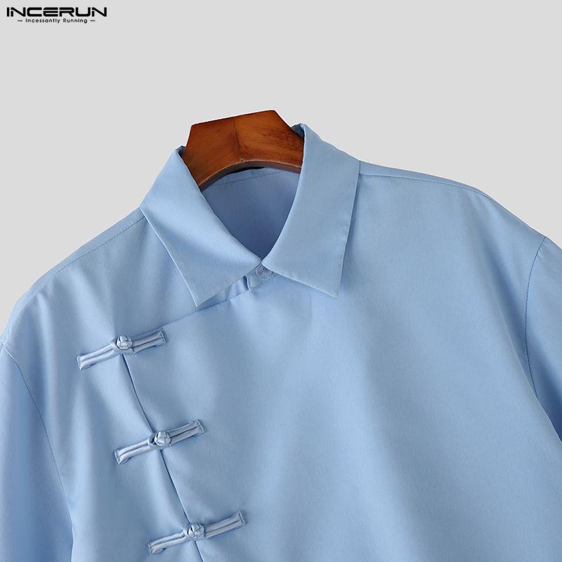 INCERUN Two Pieces Summer Men Lapel Neck Short Sleeve Cropped Tops and Pants Sets