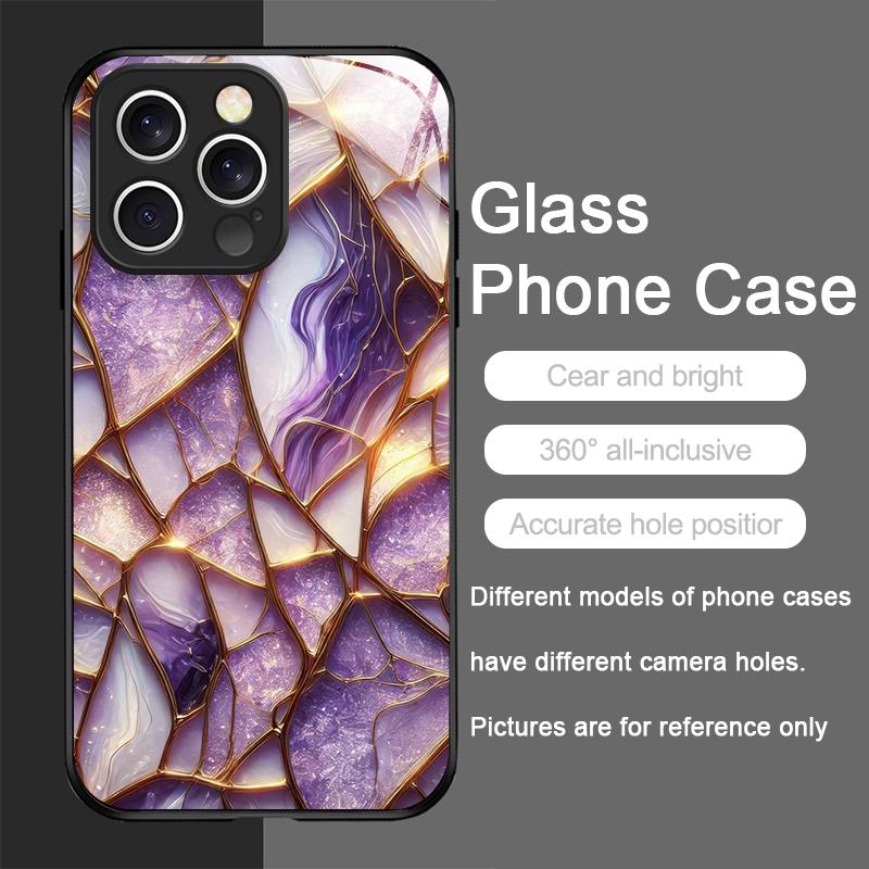 Stylish Purple-Crystal Marble Texture Tempered Glass Phone Case for IPhone 17 16 Pro Max 15 14 13 12 Mini 11 X XS 7 8 Plus Cover