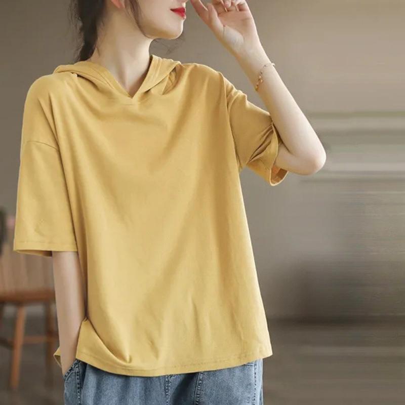 Summer Solid Color Simple Casual Fashion Versatile Loose Oversized Short Sleeved Pullover Hoodie for Women