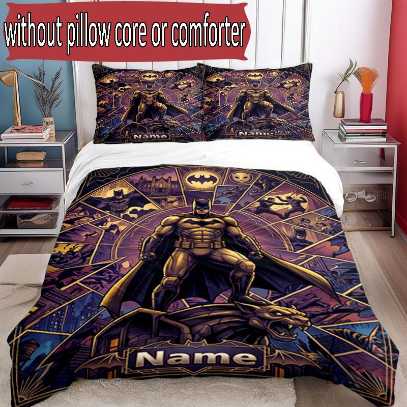 3pcs Duvet Cover Set (1*Duvet Cover + 2*Pillowcase, Without Core), Custom Name Batman Pattern Bedding Set, Home Bedroom Decor Gift