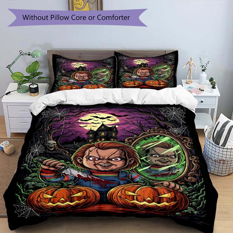 3pcs Duvet Cover Set (1*Duvet Cover + 2*Pillowcase, Without Core), Bride of Chucky Print Bedding Set, Bedroom Decor, All‑Season, Birthday Gift