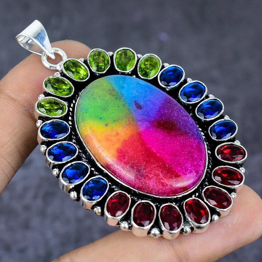 Natural Solar Quartz, Peridot 925 Sterling Silver Jewelry Pendant 2.76" ETC-13770