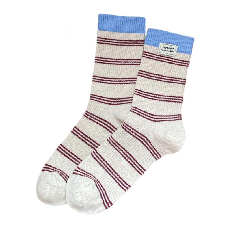 Women's Korean Style Striped Cotton Mid-Calf Socks – Colorful, Trendy & Breathable for Early Spring