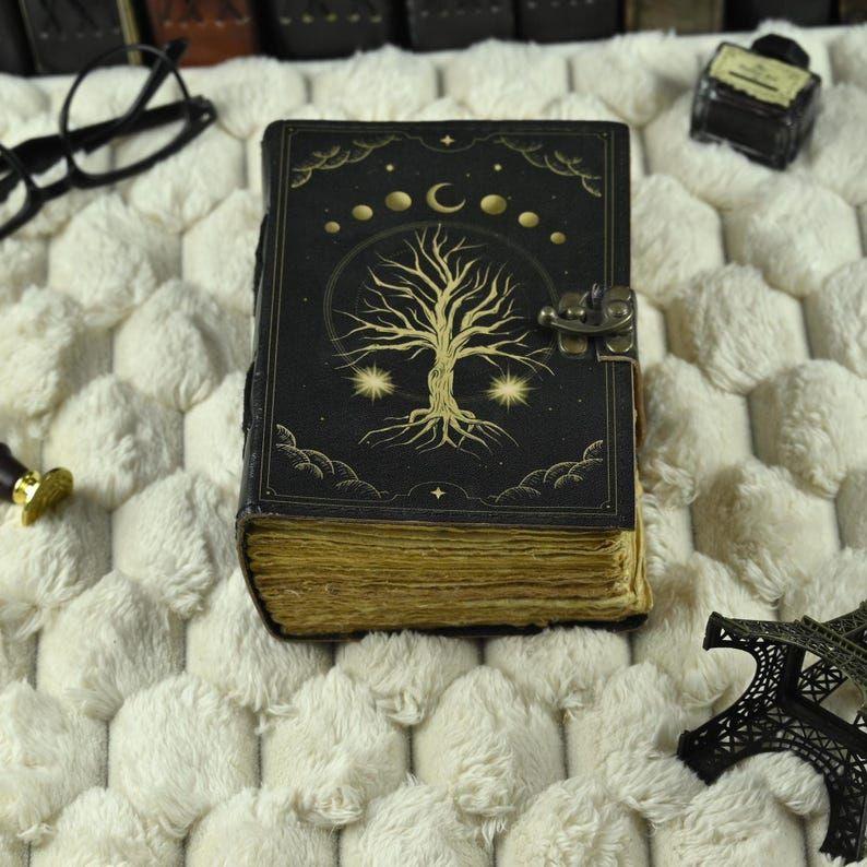 Grimoire leather journal, Print Tree of Life Journal, Blank spell book book of shadows Leather Celestial Gifts For Him Her