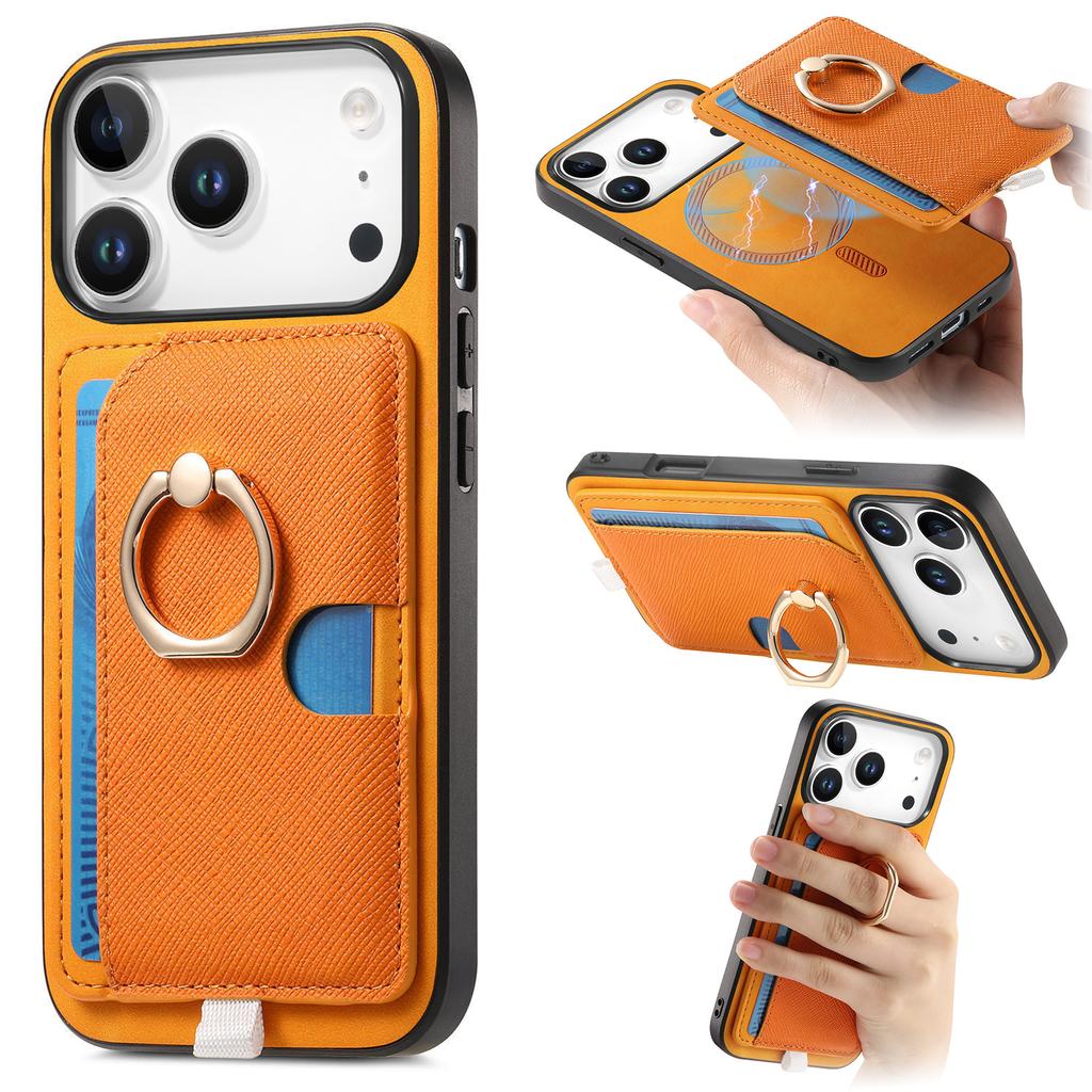 For iPhone 17 Pro Case Ring Kickstand Leather+TPU+PC Phone Cover Detachable Card Holder