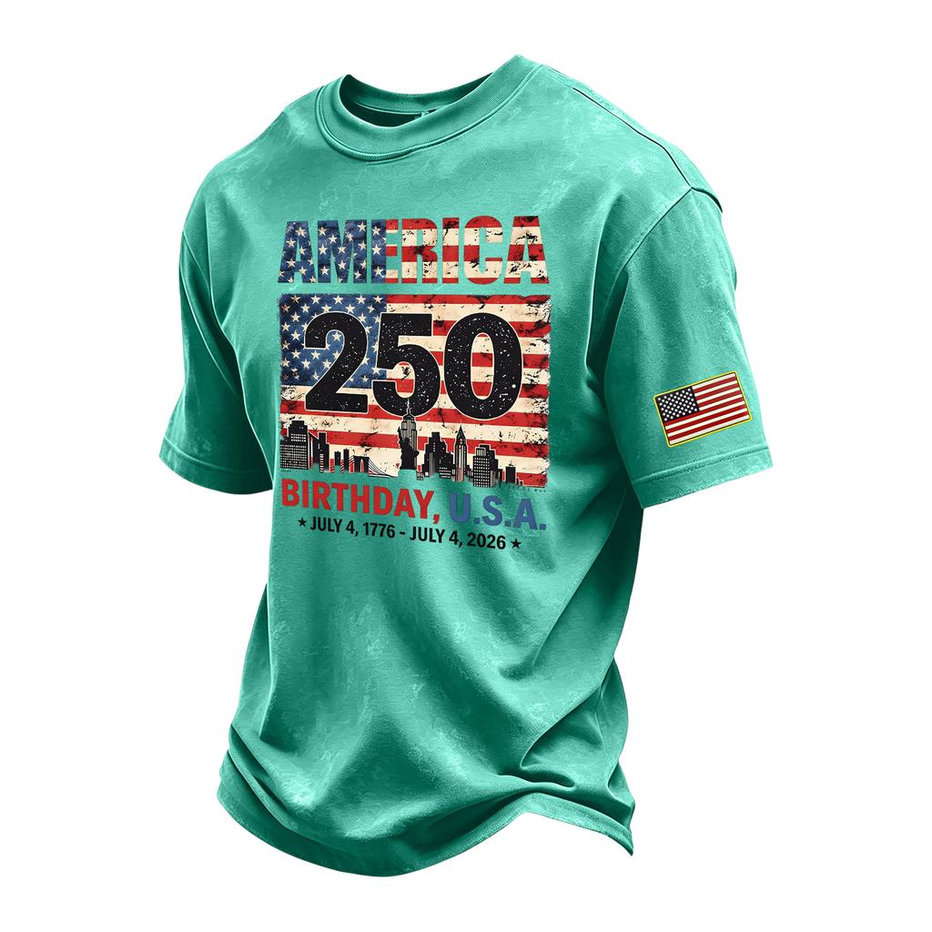 Men's Vintage Washed Short Sleeve Crew Neck T Shirt with 250th Independence Day Graphic Print and Sleeve Flag Patch Casual Tee
