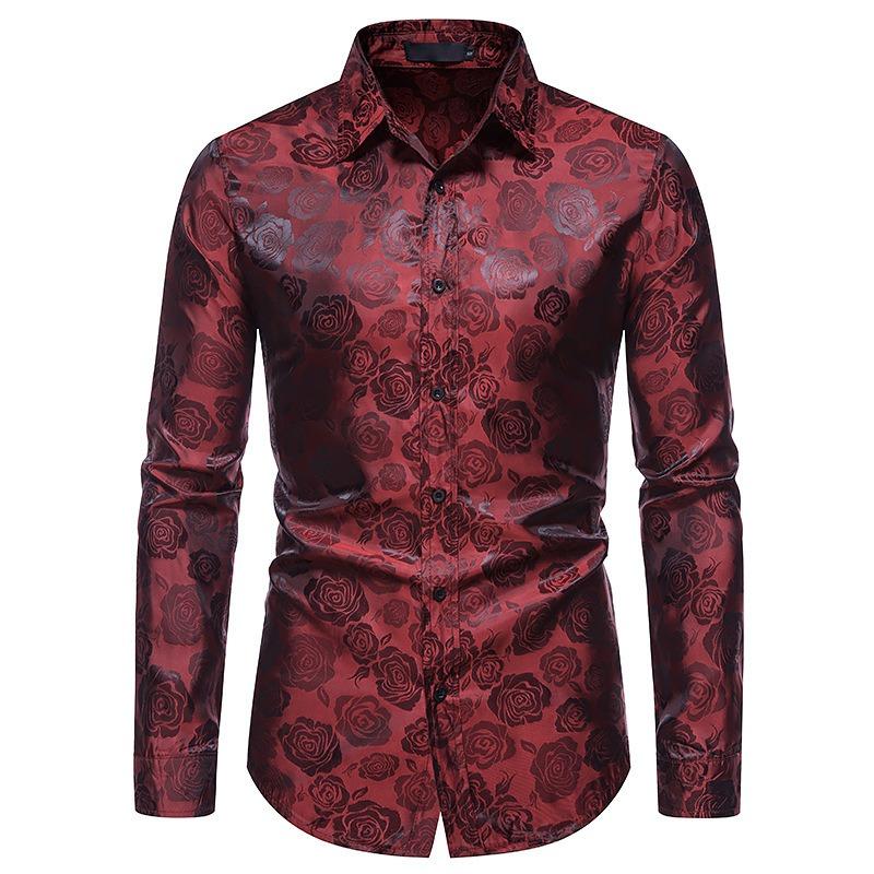 Heren S Lange Mouw Rozenprint Slim Fit Casual Shirt