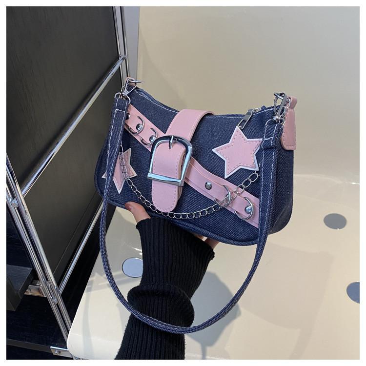 2024 Women's Spring Korean Style Armpit Bag Street Chic Denim Shoulder Bag Casual Small Square Bag Trendy Chain Bag Black