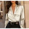 women's Satin Surplice V Neck Elegant Blouse Long Sleeve Shirt Casual Top
