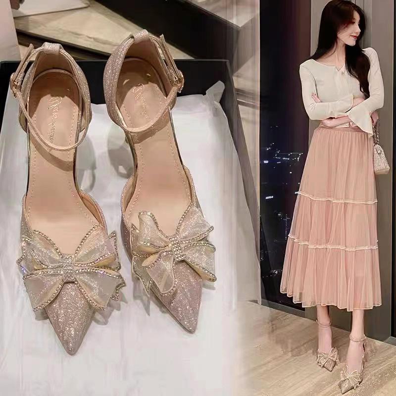 Sandals women's summer 2024 new rhinestone hollow bow bridesmaid shoes high heels fairy pointed single shoes women's stiletto