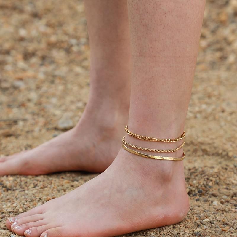 Elegant Gold-Tone Ankle Chain Set Women Minimalist Geometric Foot Jewelry Luxury Style