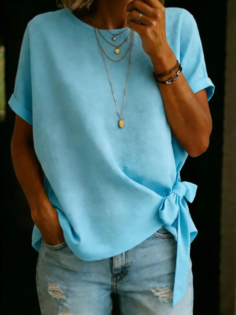 Women's Summer New Solid Color Short Sleeve Loose T-Shirt Top with Frill Hem