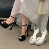 Pesstwei Summer Fashion Peep Toe Women Sandals High Quality Satin Pearl Square Heels Shoes Buckle Strap Zapatos De Mujer