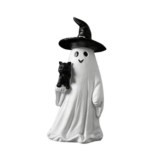 Halloweenská figurka duch Bílý duch držící dýni Kočka Strašidelná pryskyřičná ozdoba Rytá Halloweenská dekorace