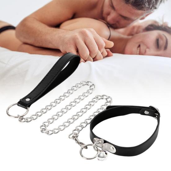 Faux Leather Choker Necklace And Leash Set for Women Adjustable Gothic Black Collar Chain Necklace with Bell for Clubwear Rave BDSM Cosplay