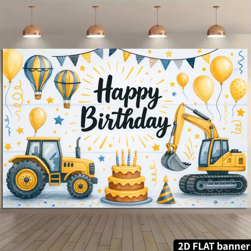 2D Construction Party Backdrop - Excavator & Tractor Banner for Kids Engineering Themed Photoshoot