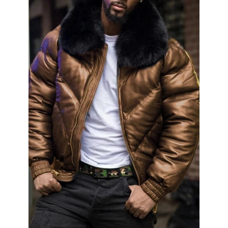 

Мужская короткая куртка из искусственной кожи с большим меховым воротником, хлопковая куртка для мужчин 4XL коричневый
