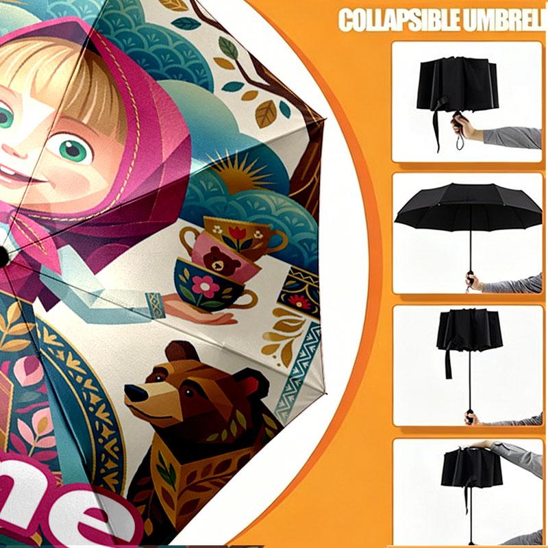 Custom Name Personalized Masha and the Bear Print Umbrella, Auto Open Close, 8‑Rib Sturdy Frame, Commute Camping Hiking Use, Birthday Gift