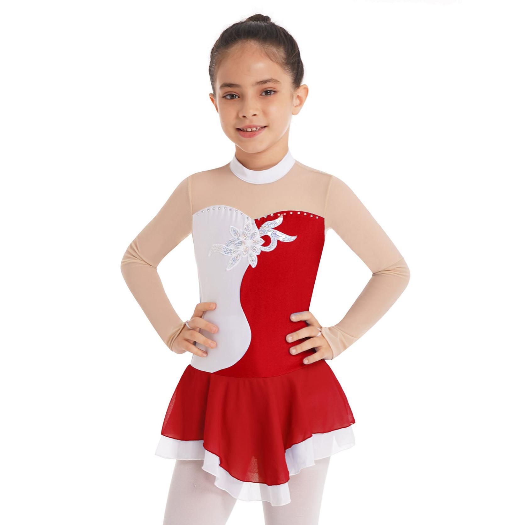 

Детское стильное танцевальное платье для девочек, сетчатое лоскутное платье с длинными рукавами и блестками, декорированное искусственными бриллиантами, платье для катания на коньках 12-14 Years красный