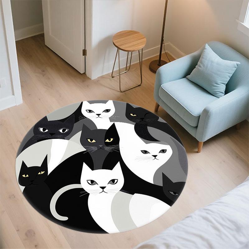 Black & White Cats Pattern Round rug,Carpet Rug for Living Room Bedroom Playroom ,Non-slip Floor Mat,Holiday Gifts and Birthday Gifts.