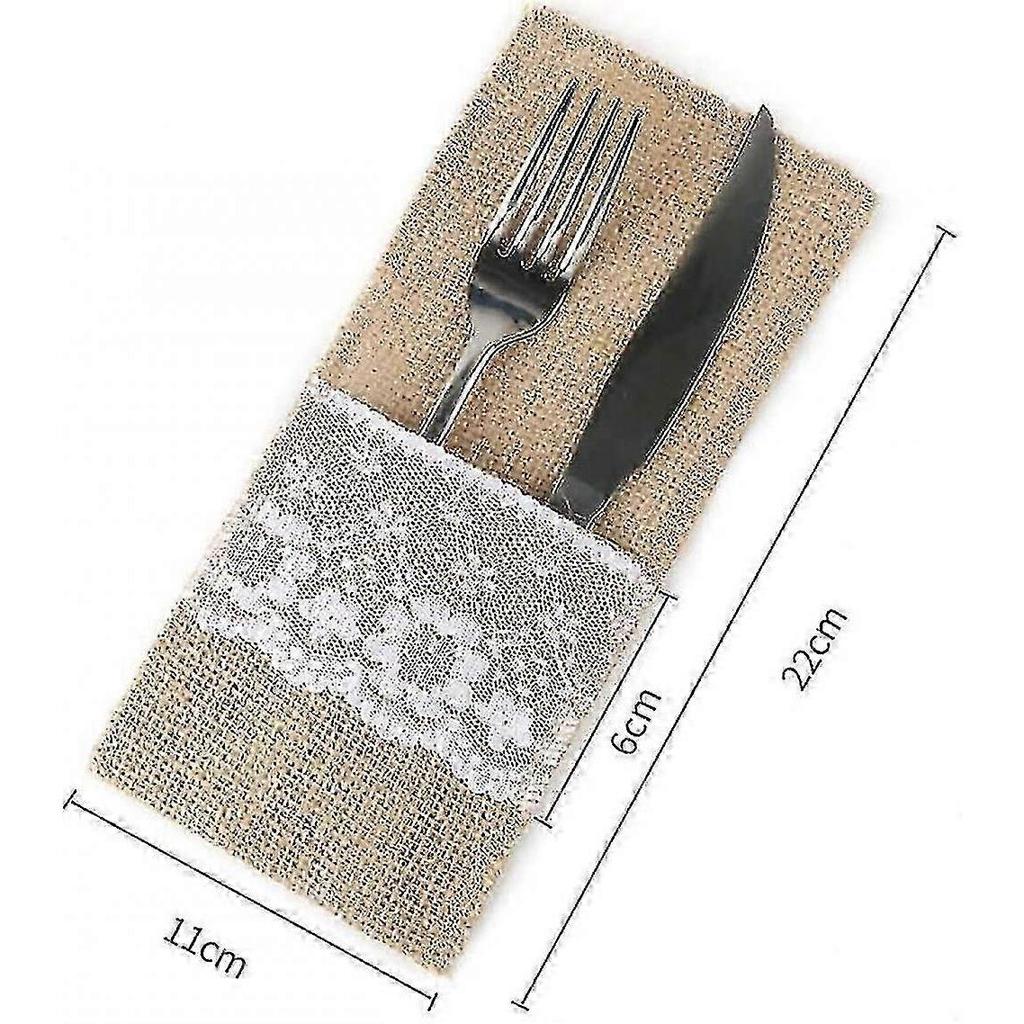 Set Of 10 Natural Jute Cutlery Bags, Jute With Lace Knife Bags, Cutlery Bags For Wedding