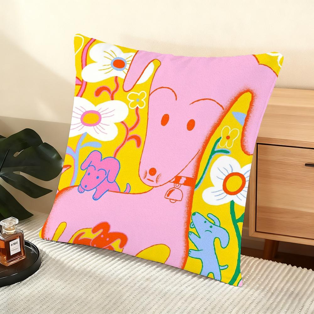 Cushion Cover Silky Short Plush Home Sofa Cushion Cover - Invisible Zipper Home Decoration Cute illustration art