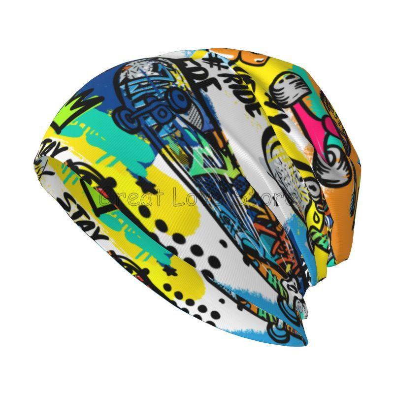 Graffiti Slouchy Beanie Hats for Men Women American Comic Collection Pop Art Skull Print Caps Autumn Winter Warm Knit Hat