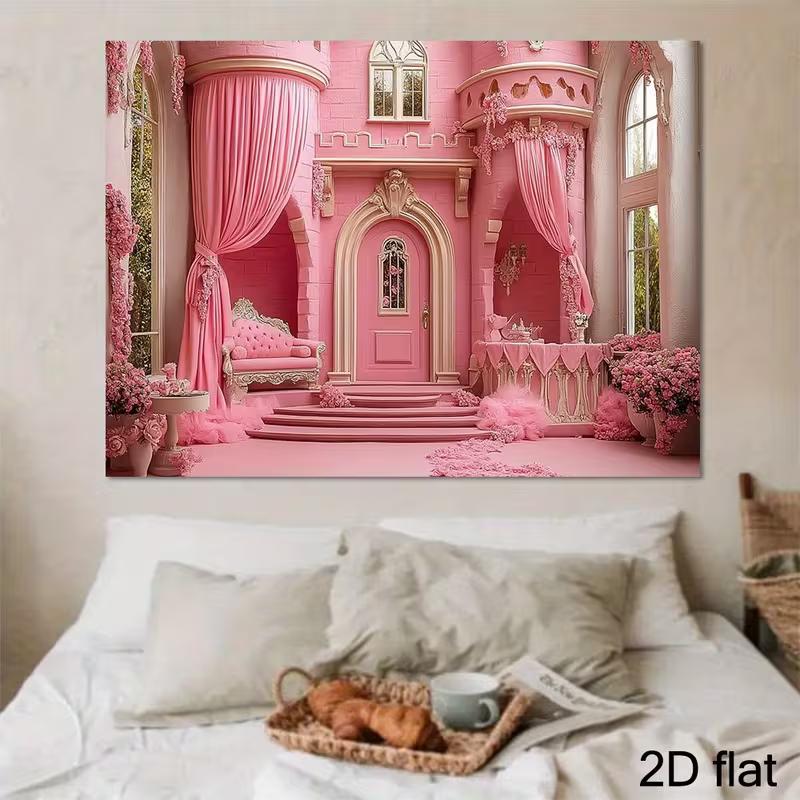 2D Fairy Tale Pink Castle Backdrop, Elegant Floral Princess Palace Background for Birthday & Studio