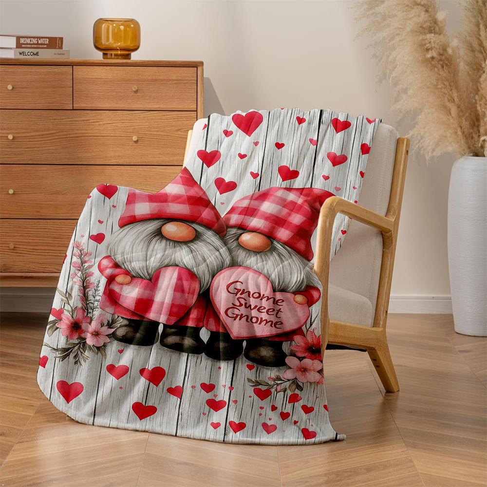 1pc Gnome Sweet Gnome Checkered Plaid Flannel Blanket - Heavyweight Quilted Bedspread with Swedish Gnome Couple & Hearts, Soft