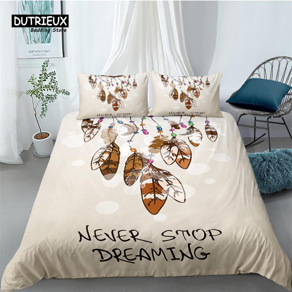 Housse de Couette Bohème Attrape-Rêves Imprimé Géométrique Plumes Ensemble de Literie Taille King Queen Décor de Chambre Housse de Couette en Microfibre