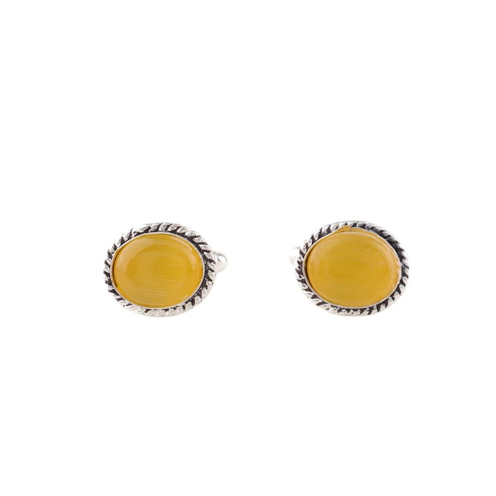 Yellow Cat's Eye Gemstone 925 Sterling Silver Handcrafted Cufflinks 0.6" For Men CL-1-28