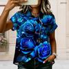 Women Plus Size Shirt Collar Short Sleeve White Gray Red Printed Button Front Cross Hem Blouse