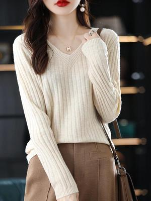 Women's V-Neck Long-Sleeve Knit Sweater Pullover