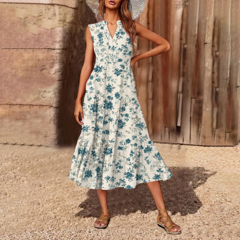 Women's Casual And Fashionable V-neck Sleeveless Printing Mid Length Dress