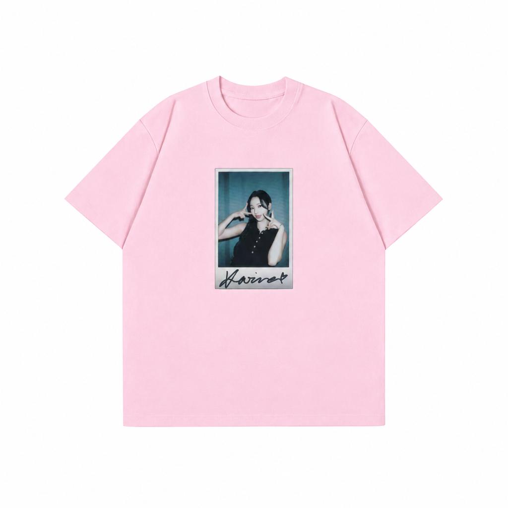 Korean Unisexs Tshirts Daily Polaroid Film Vibe Aesthetic Handwritten Signature Girl Portrait Print Unisex Crew Neck Tshirt