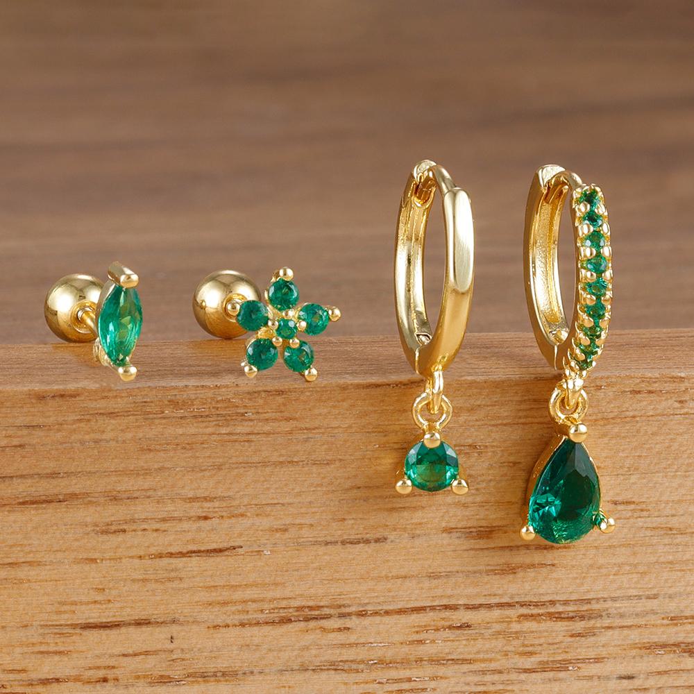 4PCS New Design Stainless Steel Water Drop Cubic Zirconia Dangle Earrings Set Flowers Horse Eyes Stud Piercing Earring Jewelry