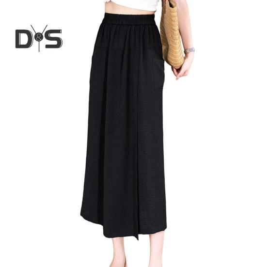Dámské letní kalhoty elastické s vysokým pasem široké nohavice dlouhé kalhoty jednobarevné rozparkované manžety volný střih sukně kalhoty denní nošení
