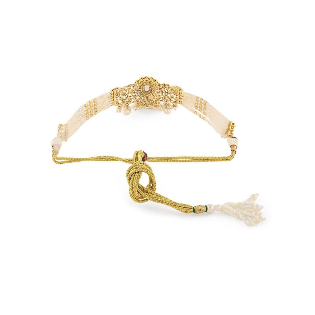 Tone Dazzling Kundan Multistrand Pearls Choker Necklace Earring & Maangtikka Set For Women