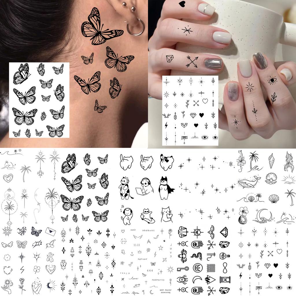 1 Hoja Mariposa Gato Ballena Tatuajes Temporales Para Mujeres Dedo Cuello, Pegatinas de Tatuaje Falso Larga Duración Realista Tatuaje Uso Diario
