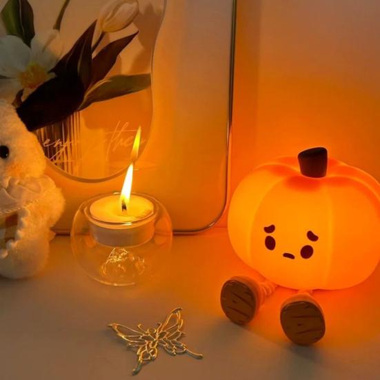 Adorable Pumpkin Night Light Dimmable Soft Warm Glow Eye-Friendly Silicone Bedside Touch Lamp Halloween Decoration