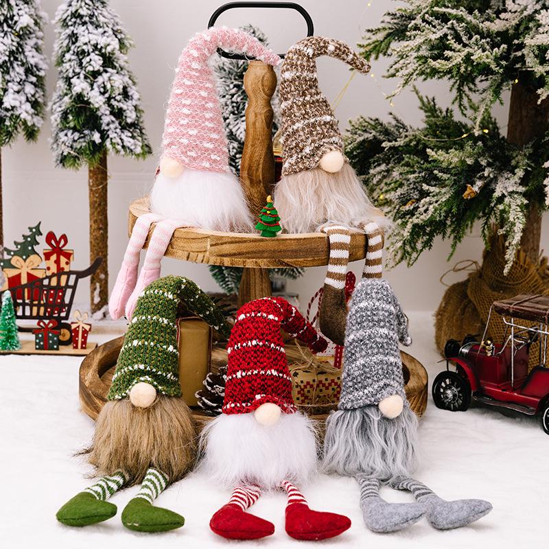 Rudolph Striped Knit Hat Gnome Ornament - Christmas Hanging Leg Faceless Doll